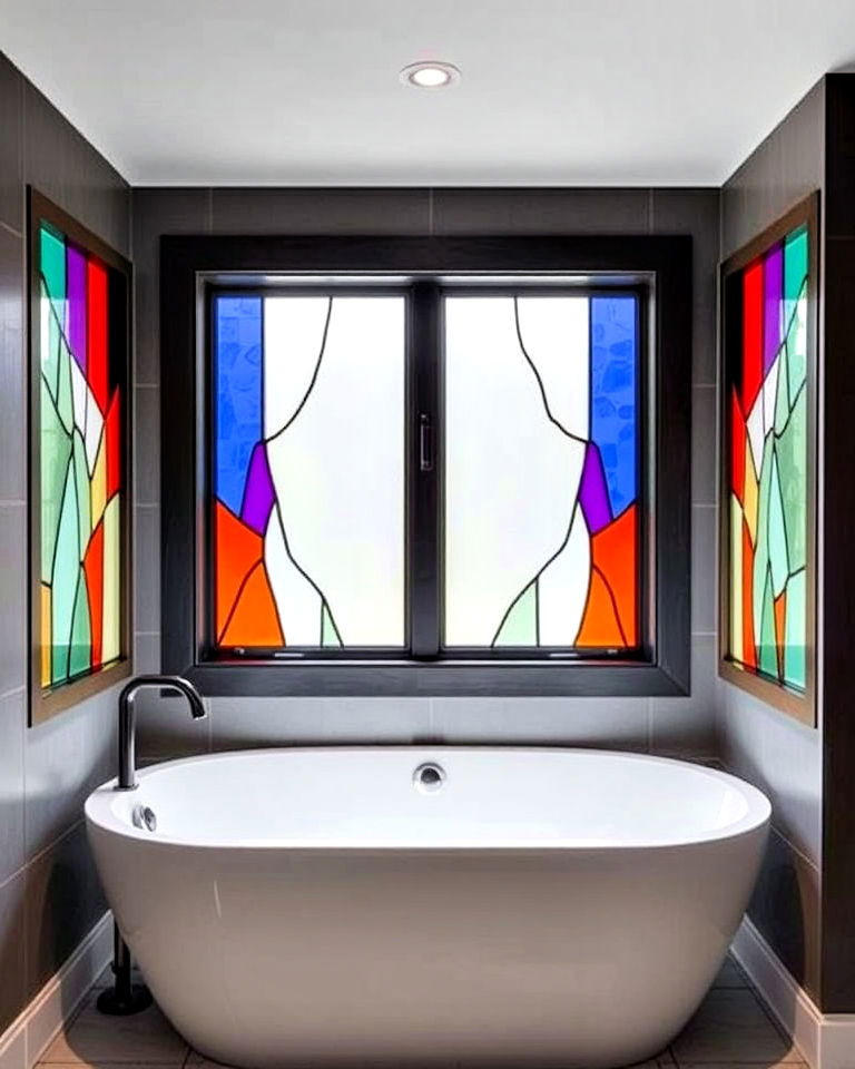 bathtub area with geometric stained glass accents - 20 Stained Glass Bathtub Ideas