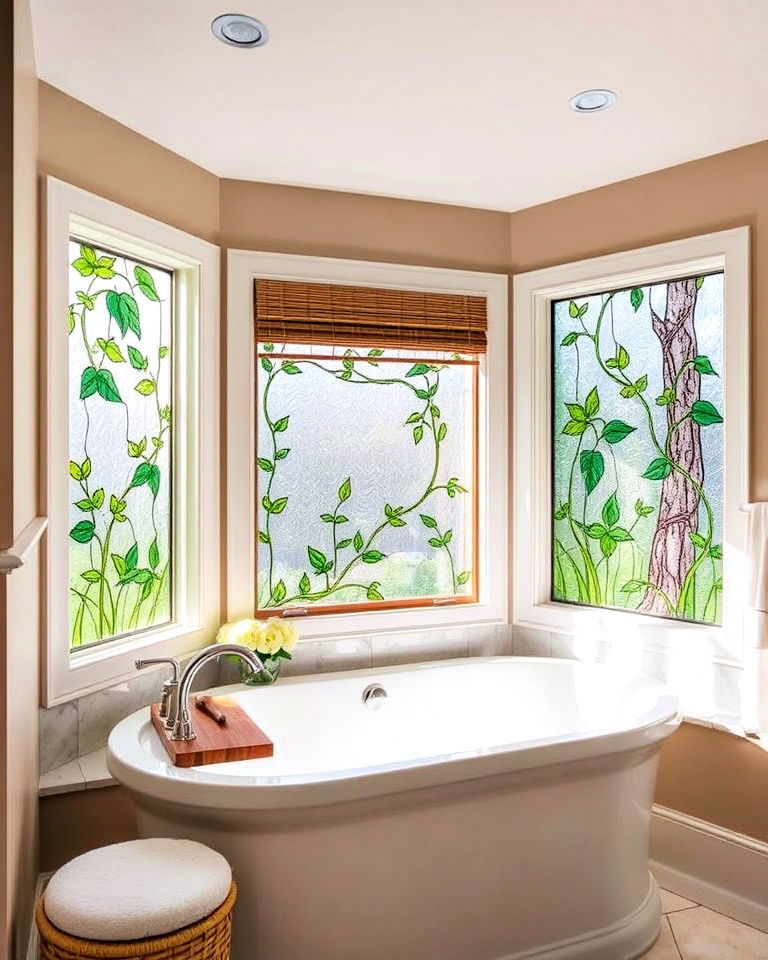bathtub surround with botanical themed stained glass - 20 Stained Glass Bathtub Ideas