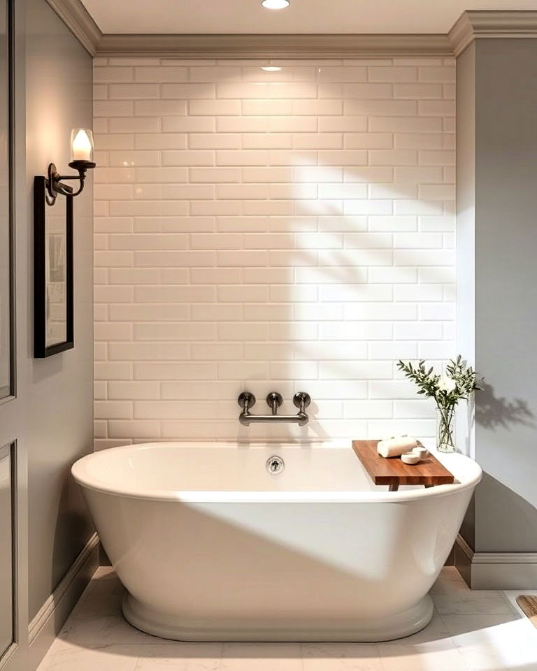 bathtub surround with glossy cream tiles - 40 Bathtub Tile Ideas