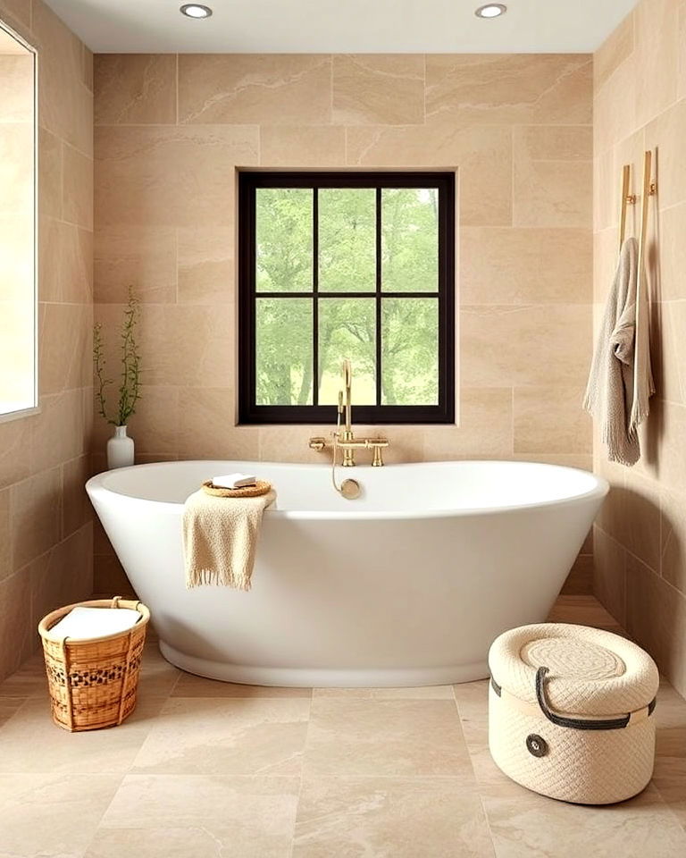 bathtub surround with warm sandstone tiles - 40 Bathtub Tile Ideas