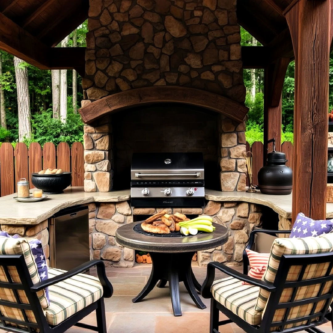bbq area with a rustic wood fired grill - 40 Bbq Area Ideas