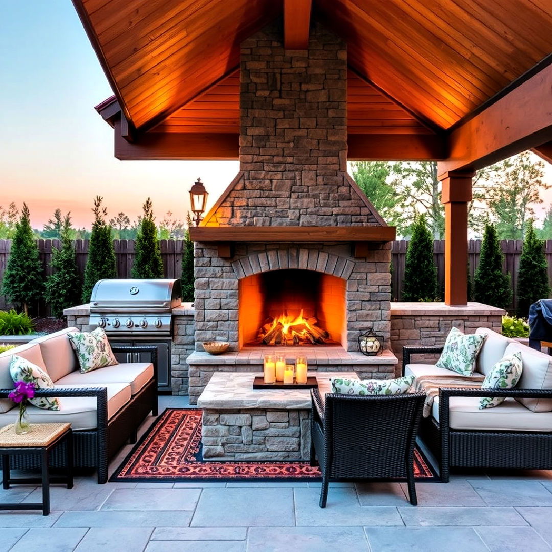bbq area with outdoor fireplace - 40 Bbq Area Ideas