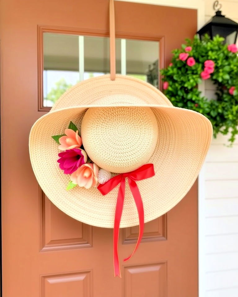 beach hat for summer door decor - 20 Summer Door Decoration Ideas