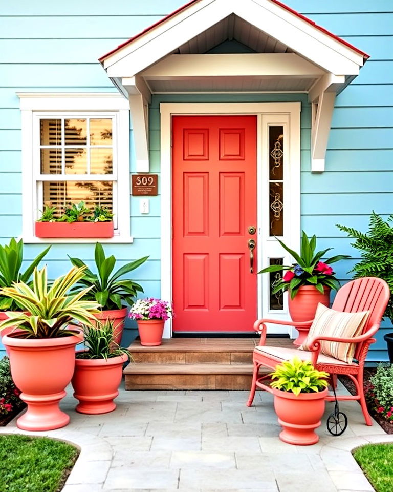 beach inspired coral accents for light blue exterior - 25 Light Blue House Exterior Ideas
