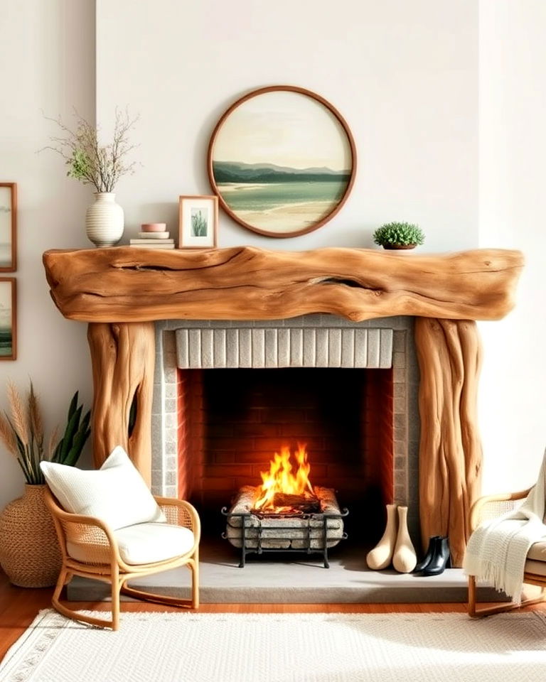 beach inspired driftwood mantel - 20 Wood Fireplace Mantel Ideas
