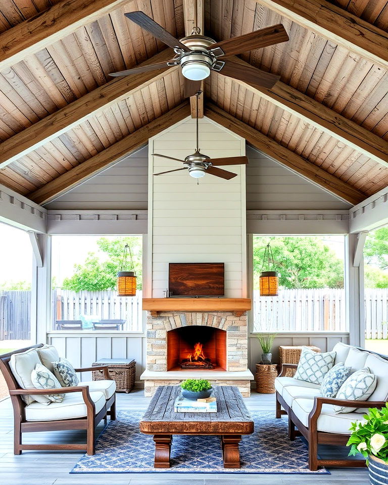 beach inspired pavilion with fireplace and ceiling fans - 15 Backyard Pavilions With Fireplaces