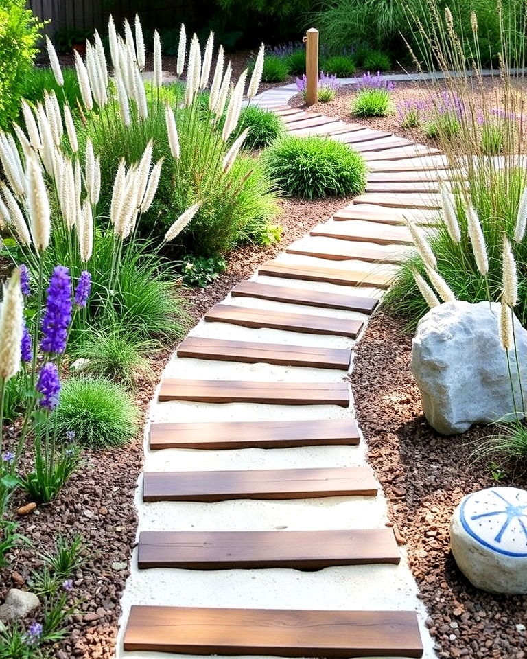 beach inspired sand path with wooden sleepers - 30 Garden Path Ideas