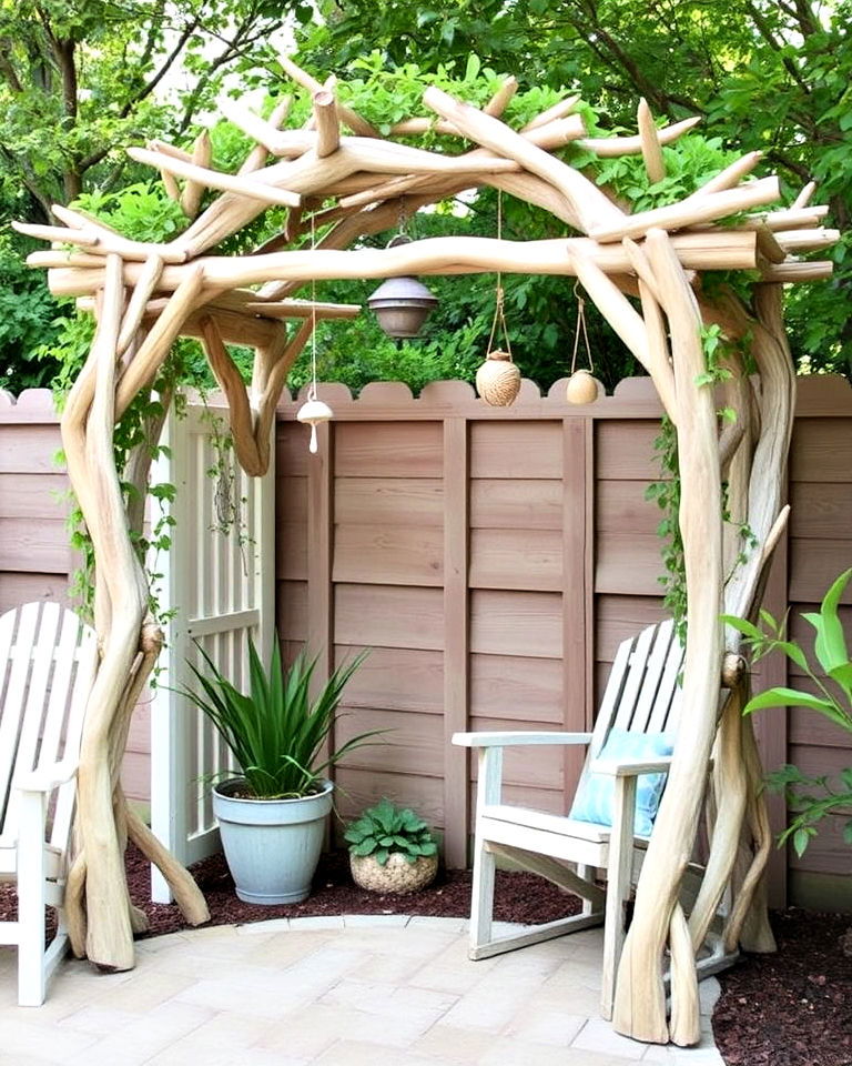beachy vibe coastal driftwood garden arbor - 40 Garden Arbor Ideas