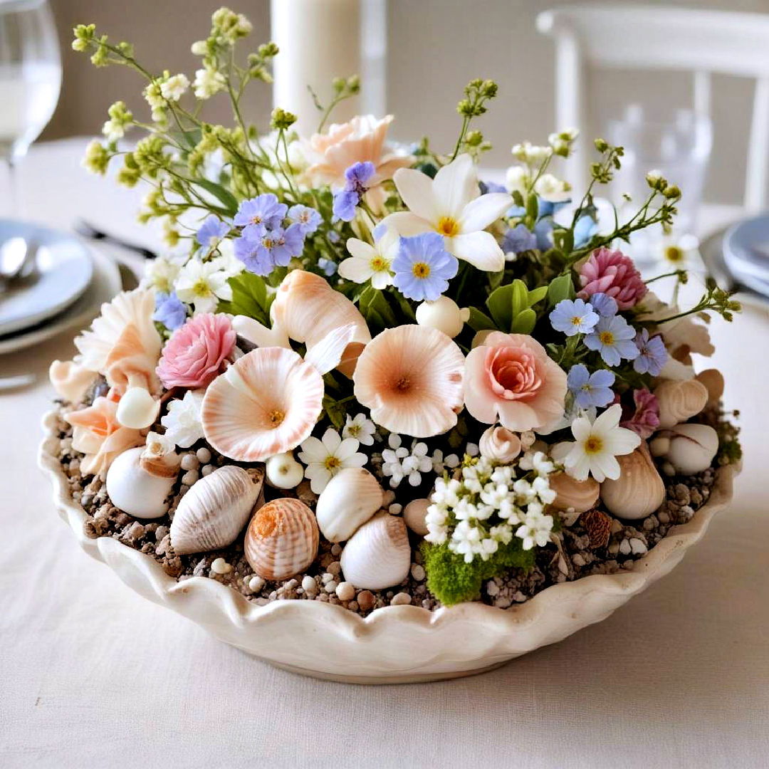 beachy vibe seashell and floral mix - 25 Spring Centerpiece Ideas