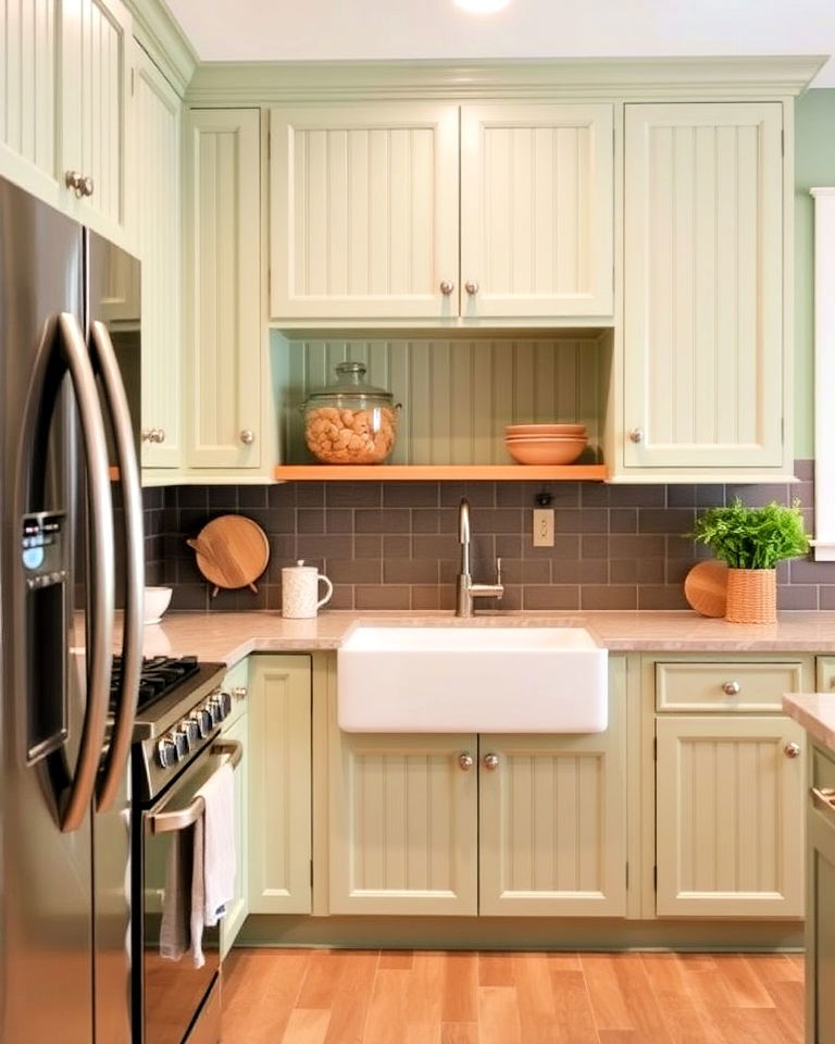 beadboard cabinets to add rustic charm - 20 Rustic Sage Green Kitchen Cabinets