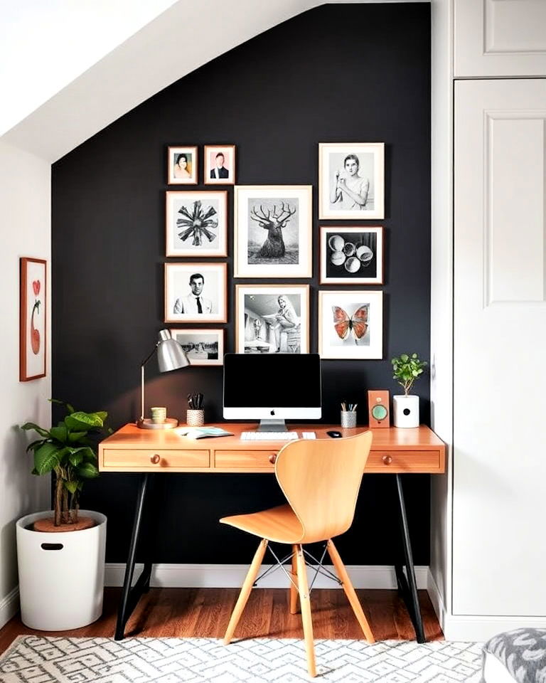 bedroom office with artwork gallery wall - 40 Bedroom Office Ideas