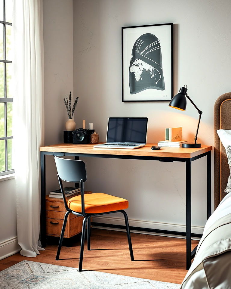 bedroom office with modern industrial desk setup - 40 Bedroom Office Ideas