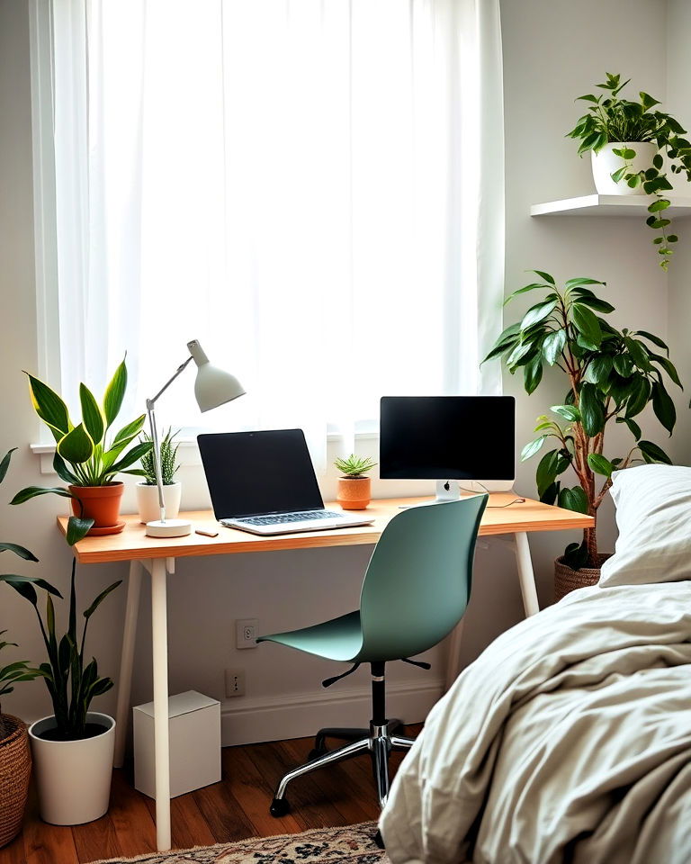 bedroom office with plant filled workspace - 40 Bedroom Office Ideas