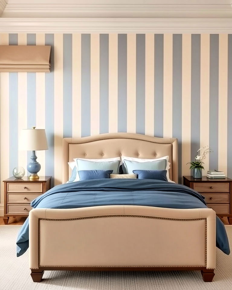 bedroom with beige and blue striped wallpaper - 15 Blue and Beige Bedroom Ideas