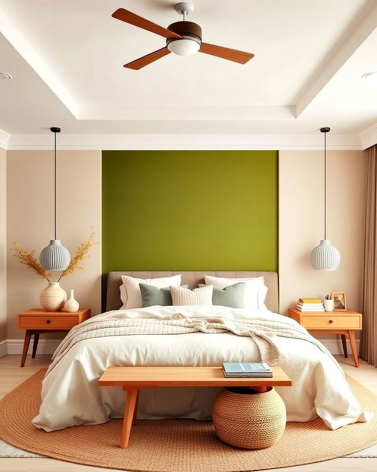 bedroom with beige and moss green accent wall - 30 Green and Beige Bedroom Ideas