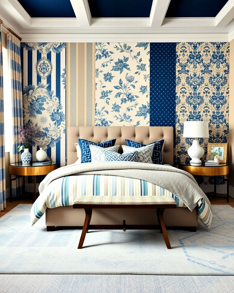 bedroom with blue and beige patterns - 15 Blue and Beige Bedroom Ideas