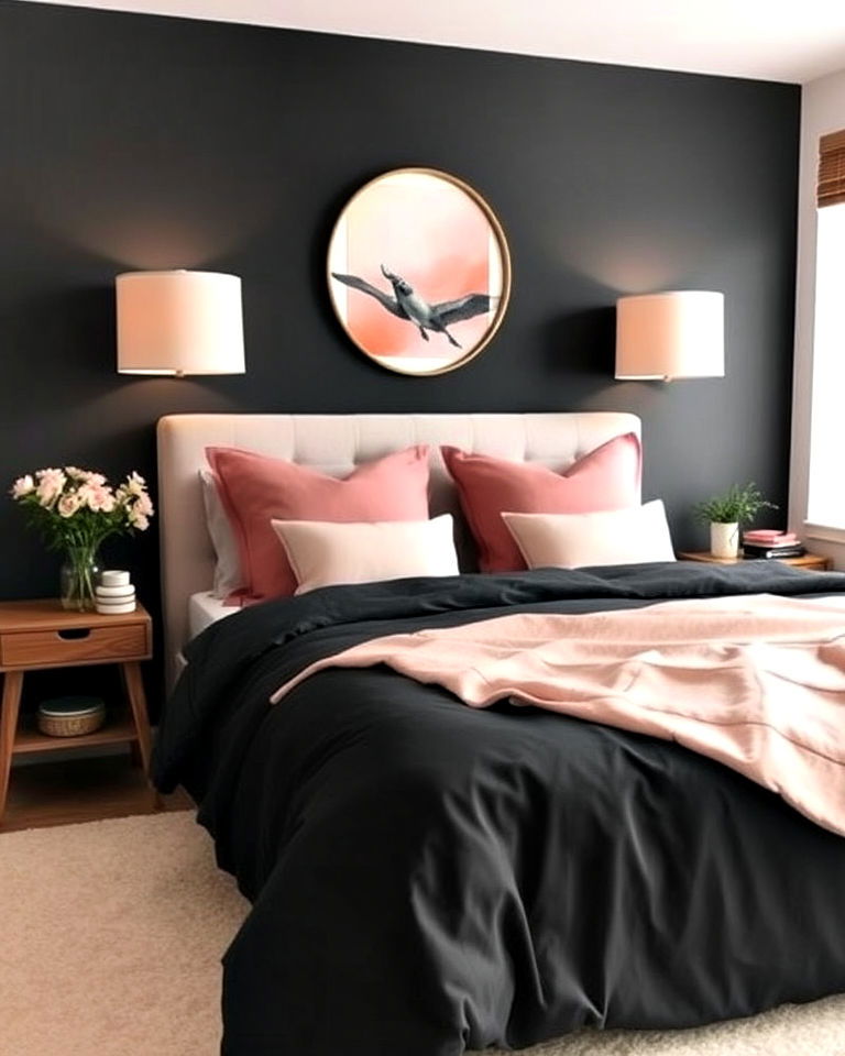 bedroom with charcoal and blush pink accents - 15 Charcoal Bedroom Ideas