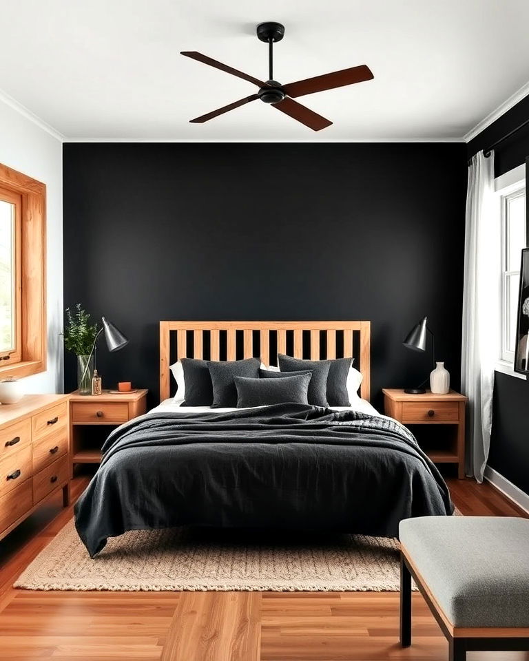 bedroom with charcoal and natural wood contrast - 15 Charcoal Bedroom Ideas