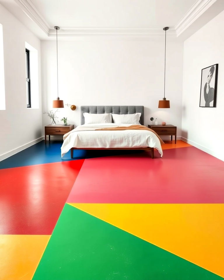 bedroom with color blocking concrete floor design - 20 Concrete Floor Bedroom Ideas