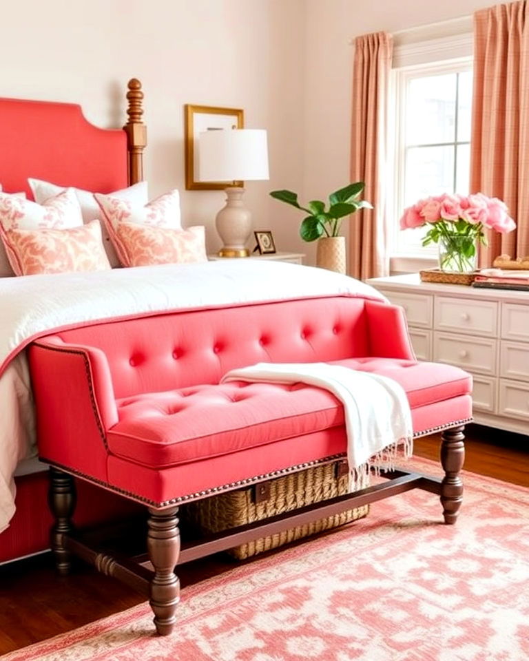 bedroom with coral upholstered bench - 25 Coral Bedroom Ideas