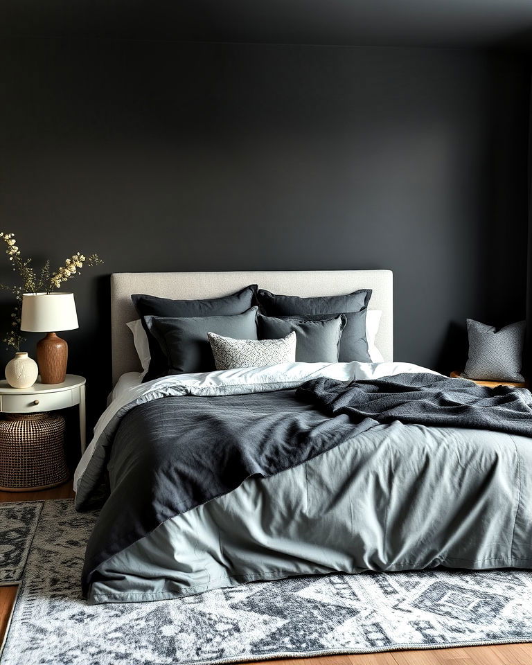 bedroom with cozy charcoal and gray layers - 15 Charcoal Bedroom Ideas