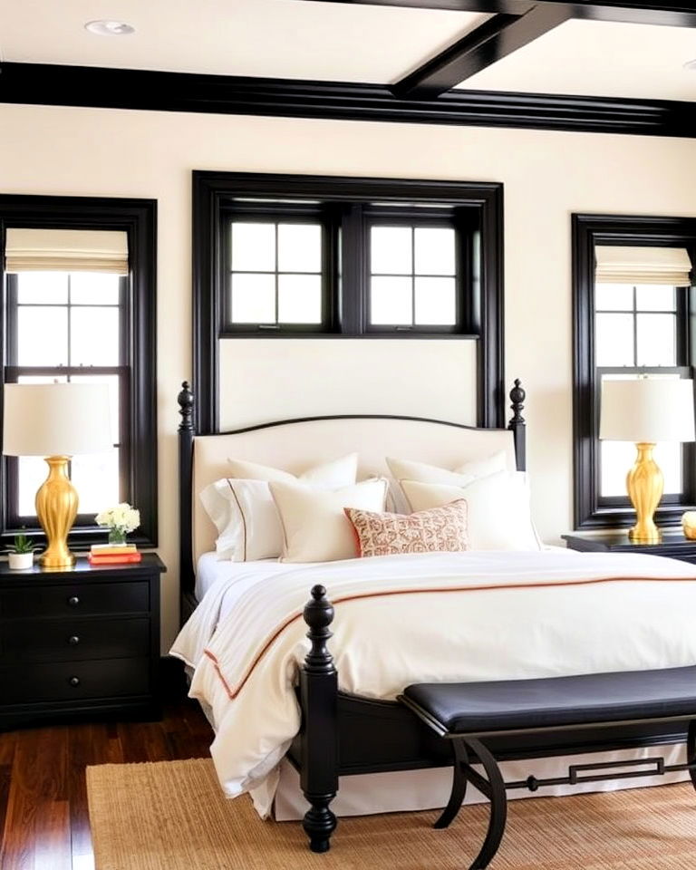 bedroom with cream walls and black trim - 35 Cream and Black Bedroom Ideas