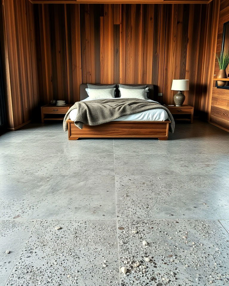 bedroom with exposed aggregate concrete floor - 20 Concrete Floor Bedroom Ideas