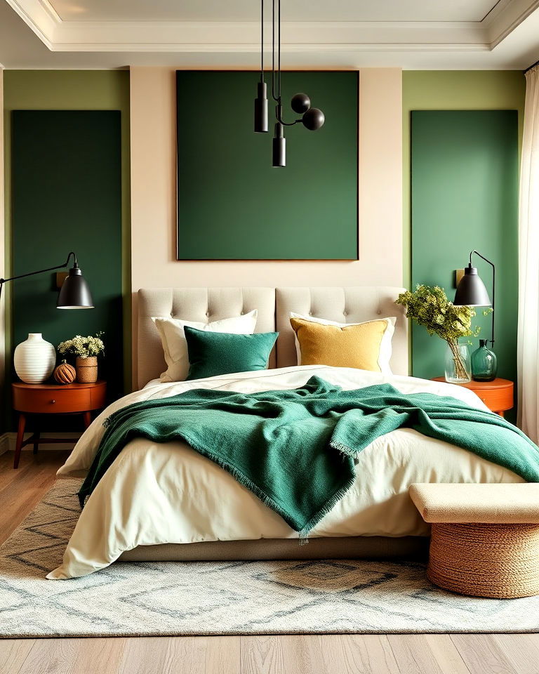 bedroom with green and beige monochromatic look - 30 Green and Beige Bedroom Ideas