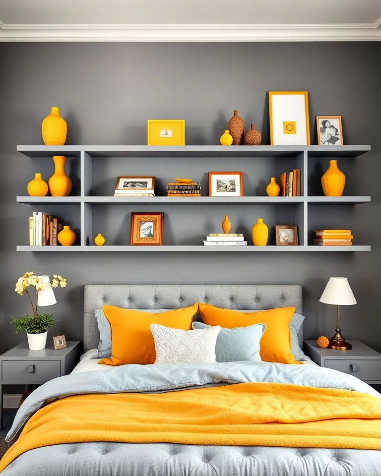 bedroom with grey shelves and yellow decor - 25 Yellow and Grey Bedroom Ideas