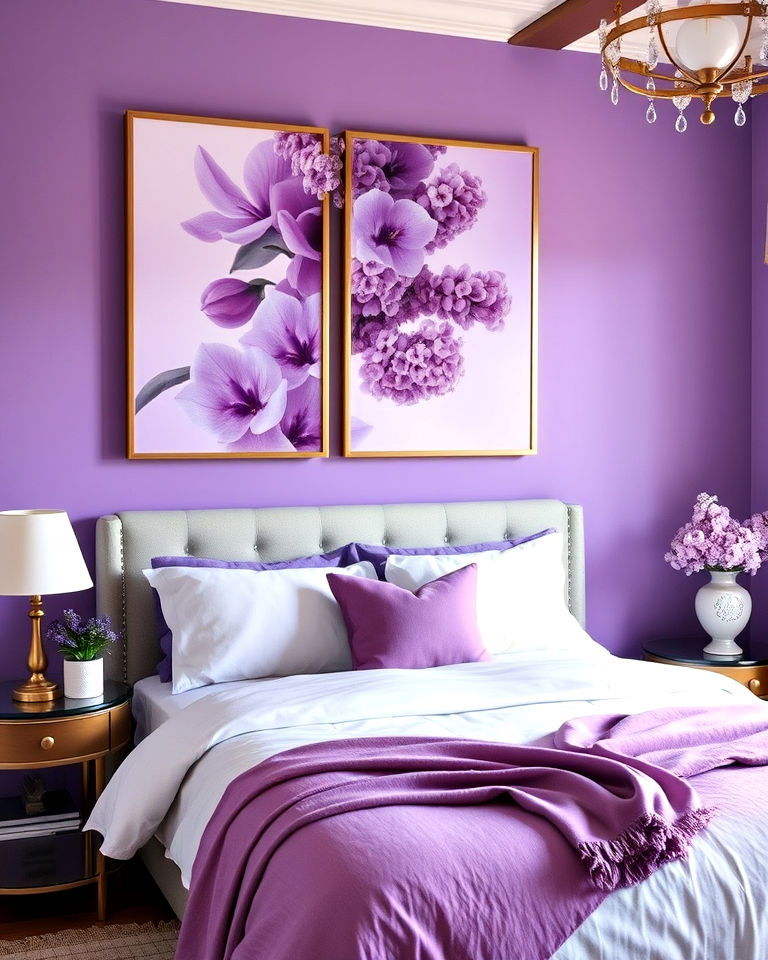 bedroom with lilac inspired art - 15 Lilac Bedroom Ideas