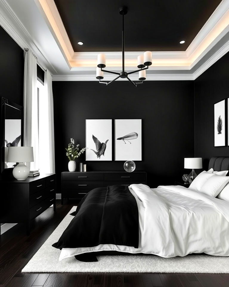 bedroom with matte black and white contrast - 20 Matte Black Bedroom Ideas