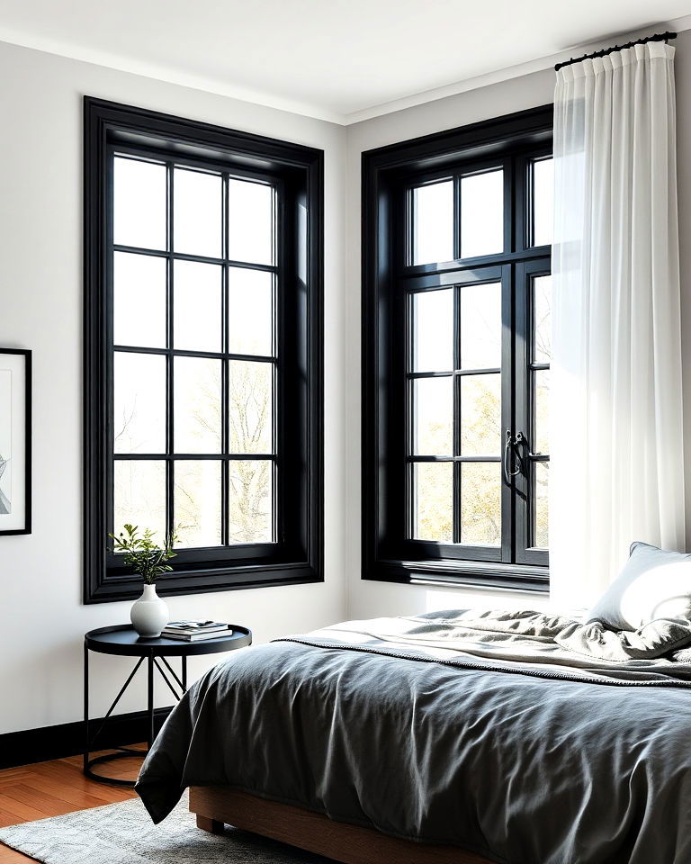 bedroom with matte black window frames - 20 Matte Black Bedroom Ideas
