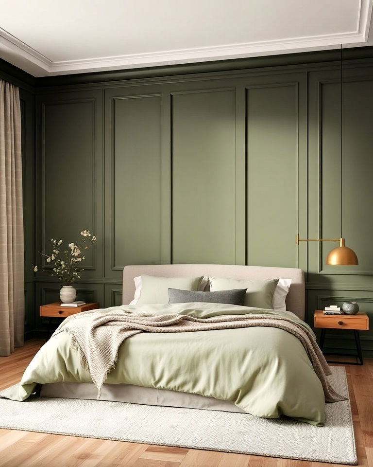bedroom with matte olive green panels - 20 Green Panelling Bedroom Ideas