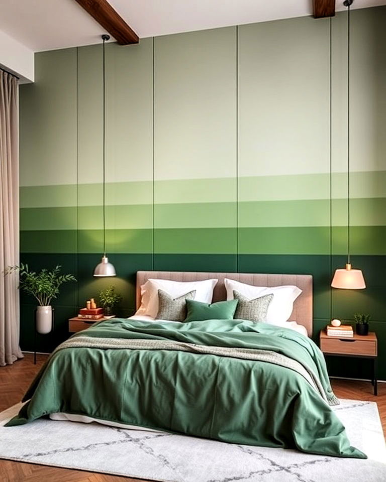 bedroom with multi shade green panels - 20 Green Panelling Bedroom Ideas
