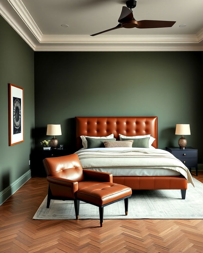bedroom with muted green walls and leather accents - 20 Green and Brown Bedroom Ideas