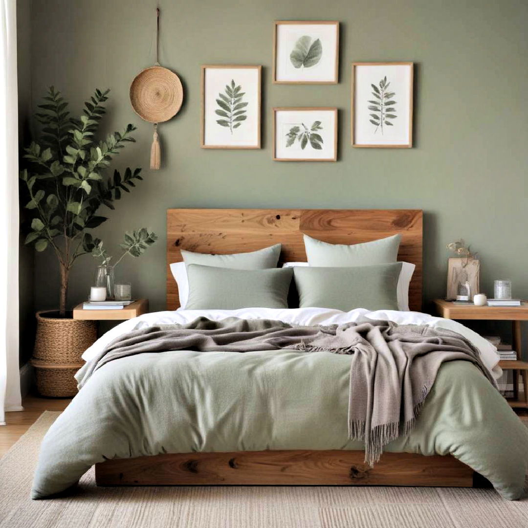 bedroom with nature inspired decor - 25 Sage Green and Grey Bedroom Ideas