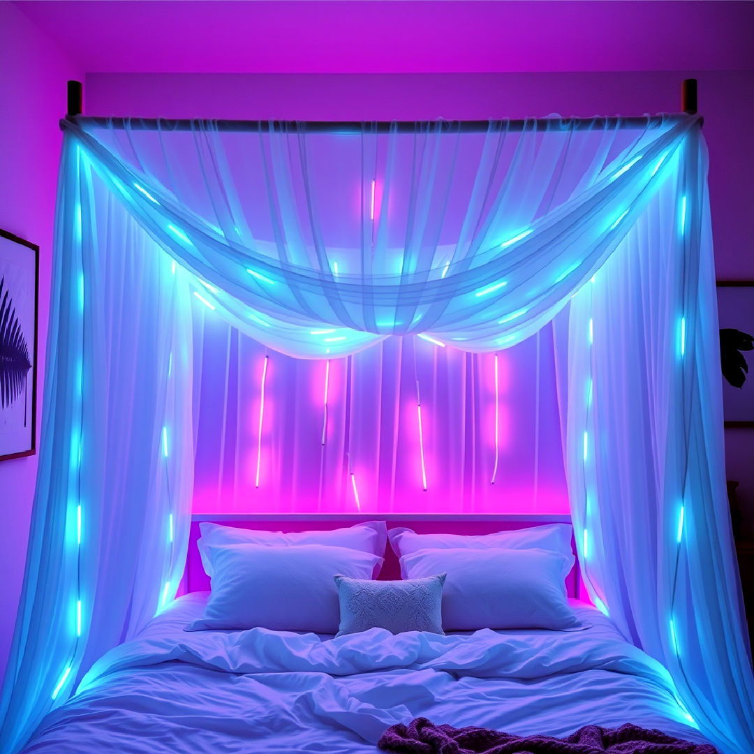 bedroom with neon bed canopy - 30 Neon Bedroom Ideas