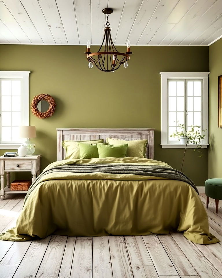 bedroom with olive green and whitewashed wood - 25 Olive Green Bedroom Ideas