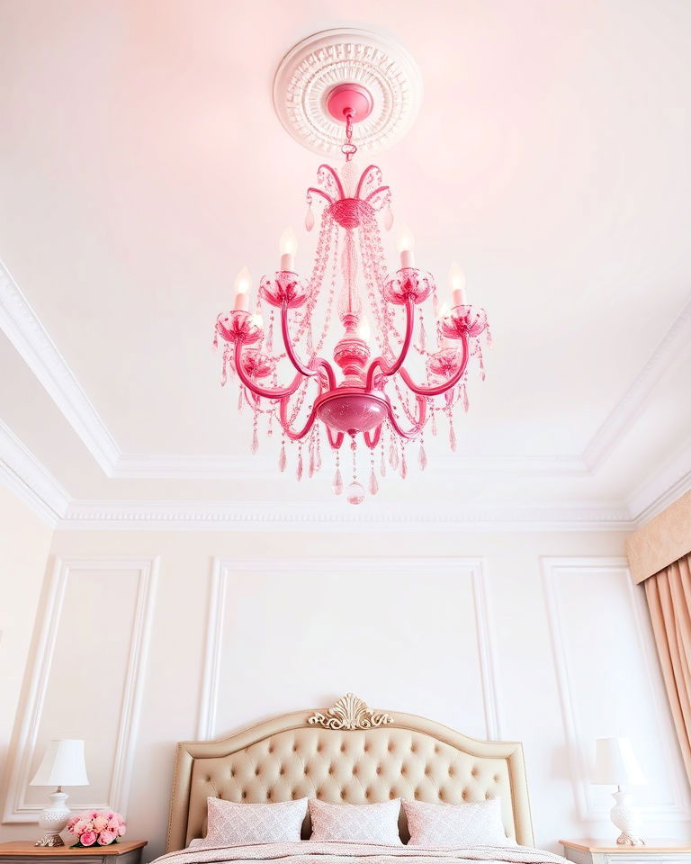 bedroom with pink chandelier and white ceiling - 25 Pink and White Bedroom Ideas