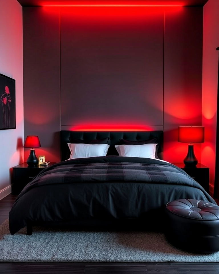 bedroom with red accent lighting and black lamp bases - 25 Red and Black Bedroom Ideas
