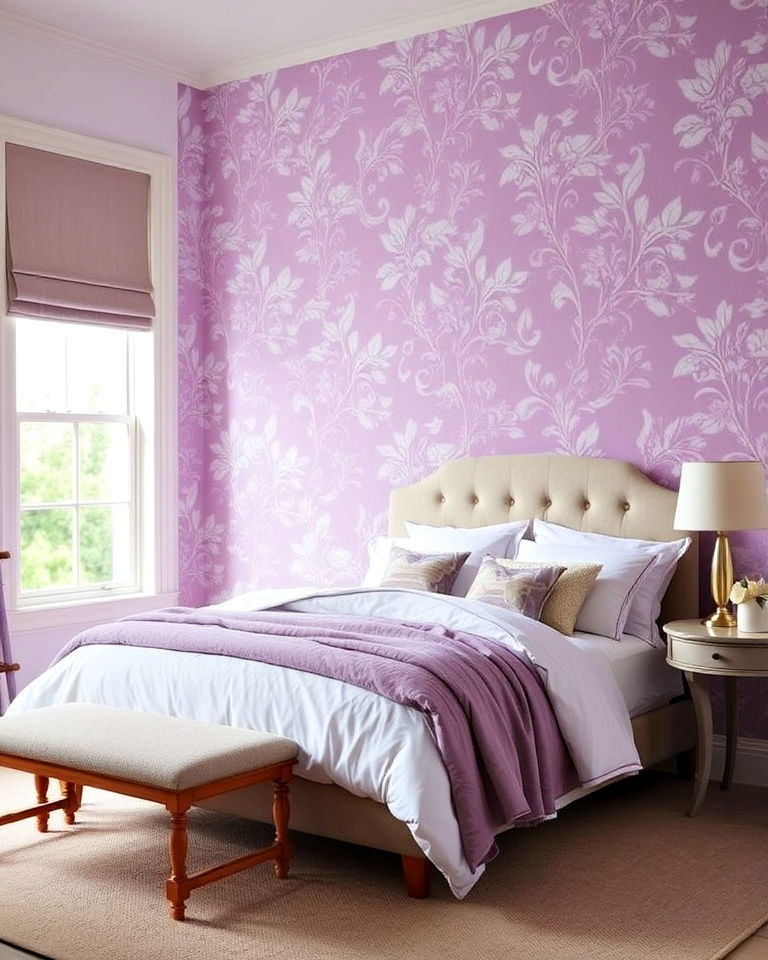 bedroom with statement lilac wallpaper - 15 Lilac Bedroom Ideas