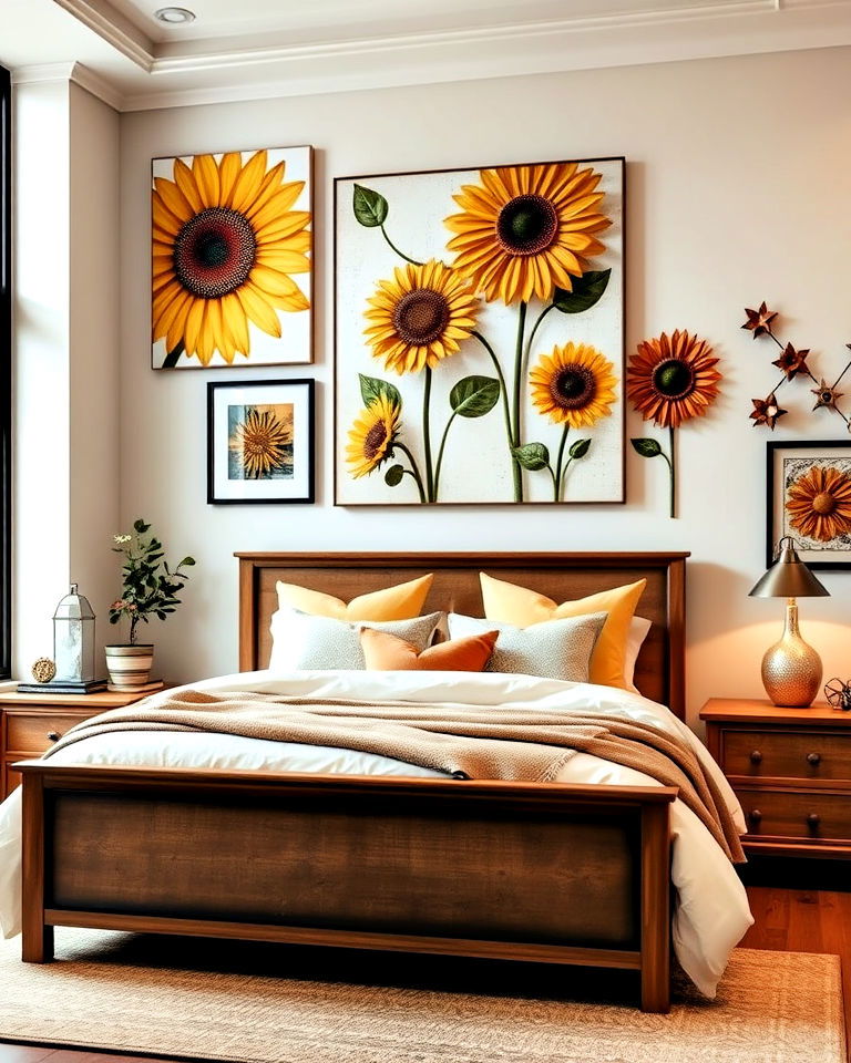 bedroom with sunflower inspired wall art - 15 Sunflower Bedroom Ideas
