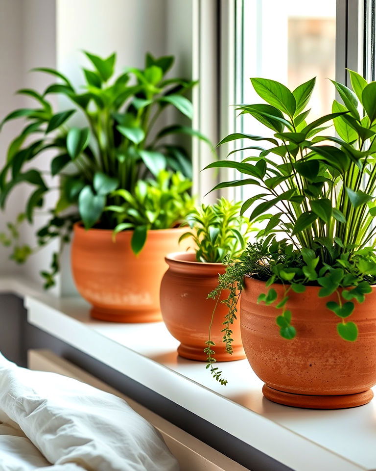 bedroom with terracotta planters for greenery - 20 Terracotta Bedroom Ideas