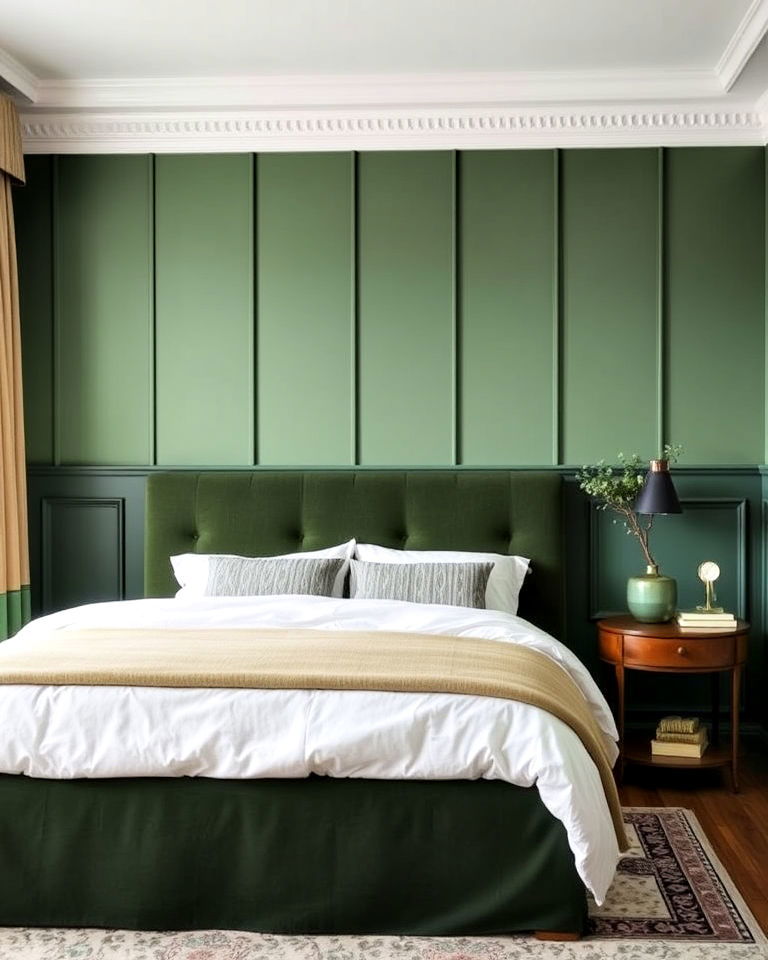 bedroom with two toned green paneling - 20 Green Panelling Bedroom Ideas