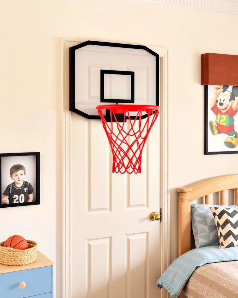 bedroom with wall mounted mini basketball hoop - 25 Basketball Room Decor Ideas