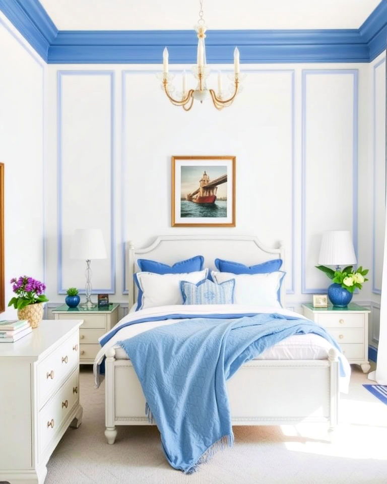 bedroom with white walls and blue trim - 25 Blue and White Bedroom Ideas