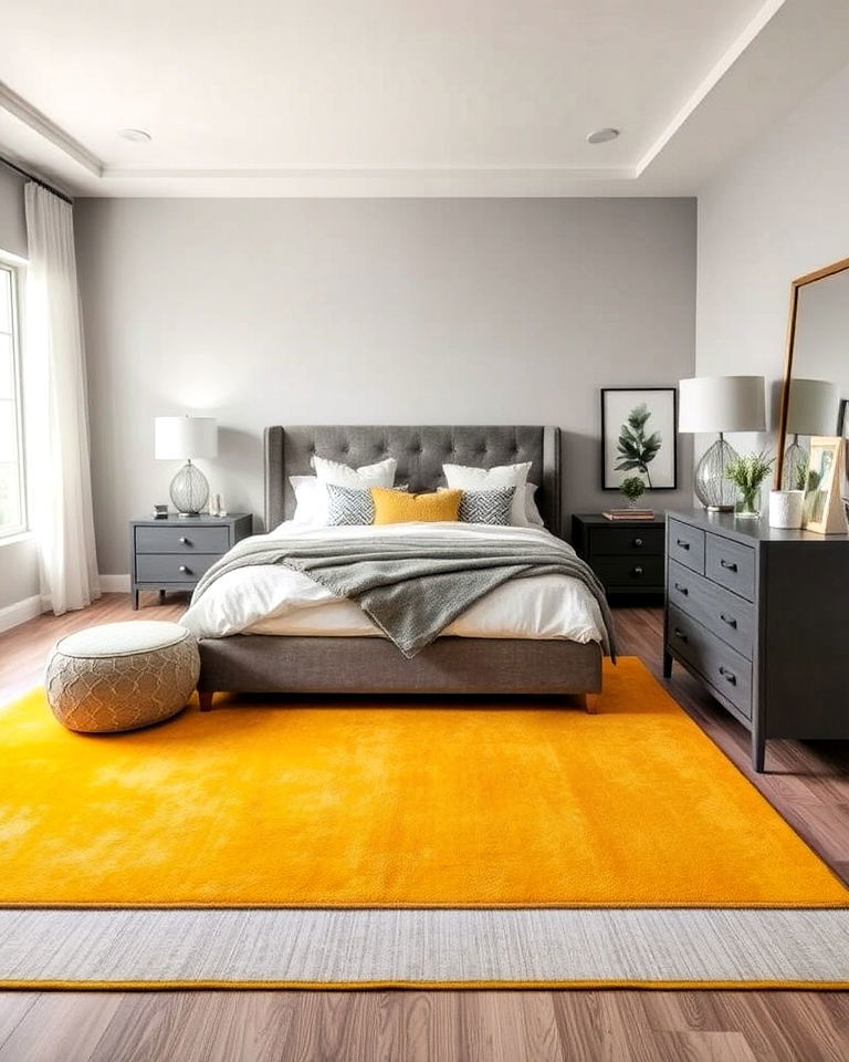 bedroom with yellow area rug and grey furniture - 25 Yellow and Grey Bedroom Ideas