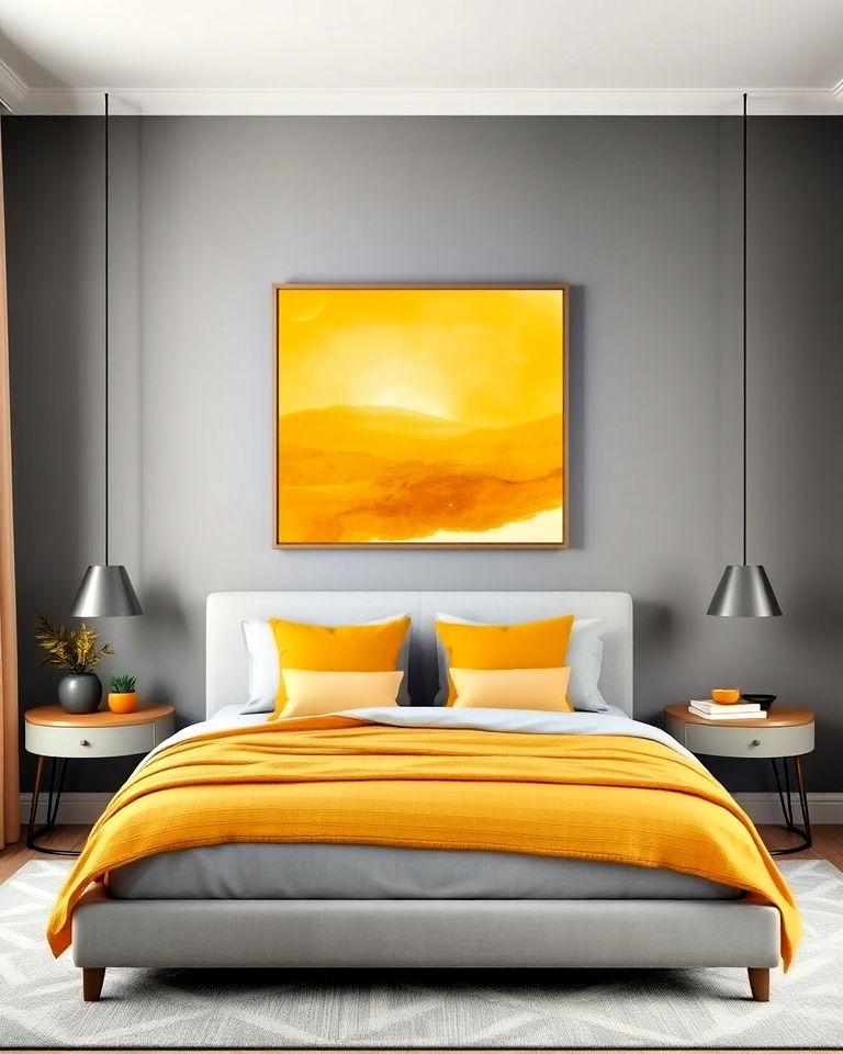 bedroom with yellow art on grey walls - 25 Yellow and Grey Bedroom Ideas