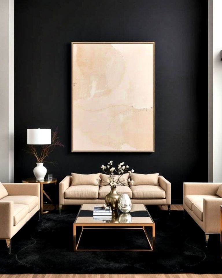 beige abstract art on black walls - 30 Black and Beige Living Room Ideas