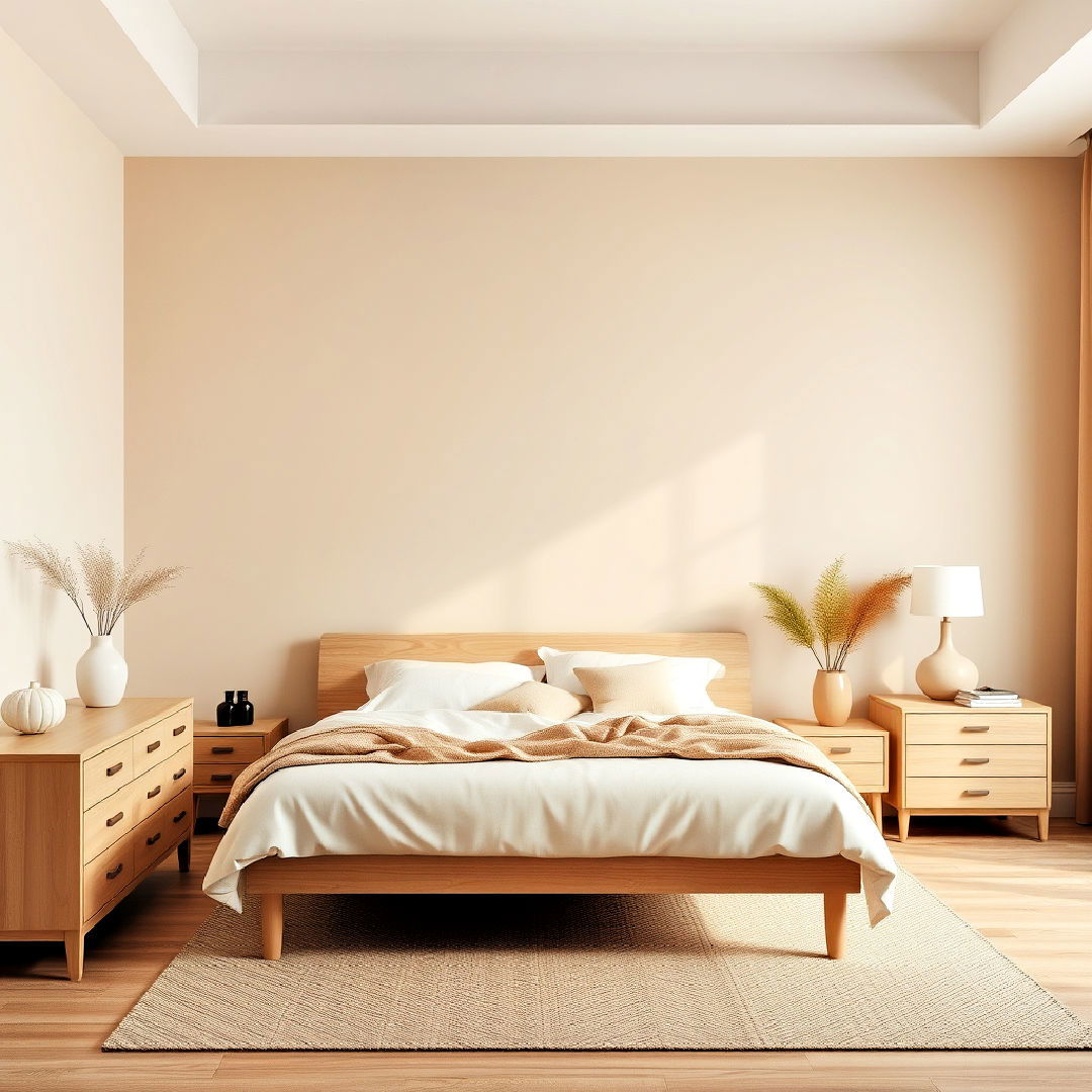 beige accent wall and natural wood furniture - 30 Beige Bedroom Ideas